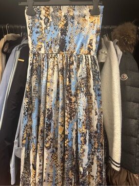 Blue & Brown Patterned Strapless maxi Dress